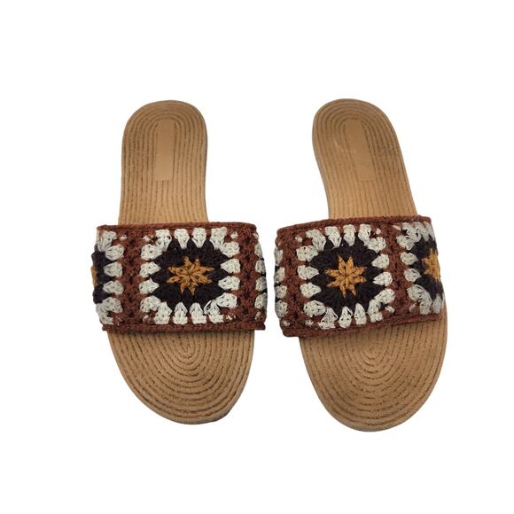 Bamboo Crochet Retro Earthy Brown Tan Boho Slide Sandals Summer Shoe Size 10 - Picture 2 of 7